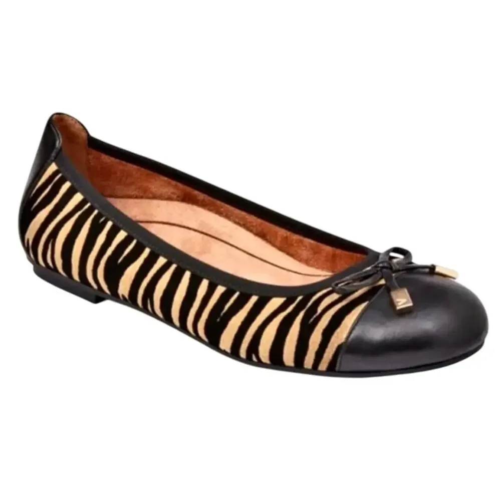 VIONIC Minna Zebra Striped Leather Ballet Flats Shoes w/Bow Glam Retro Comfort